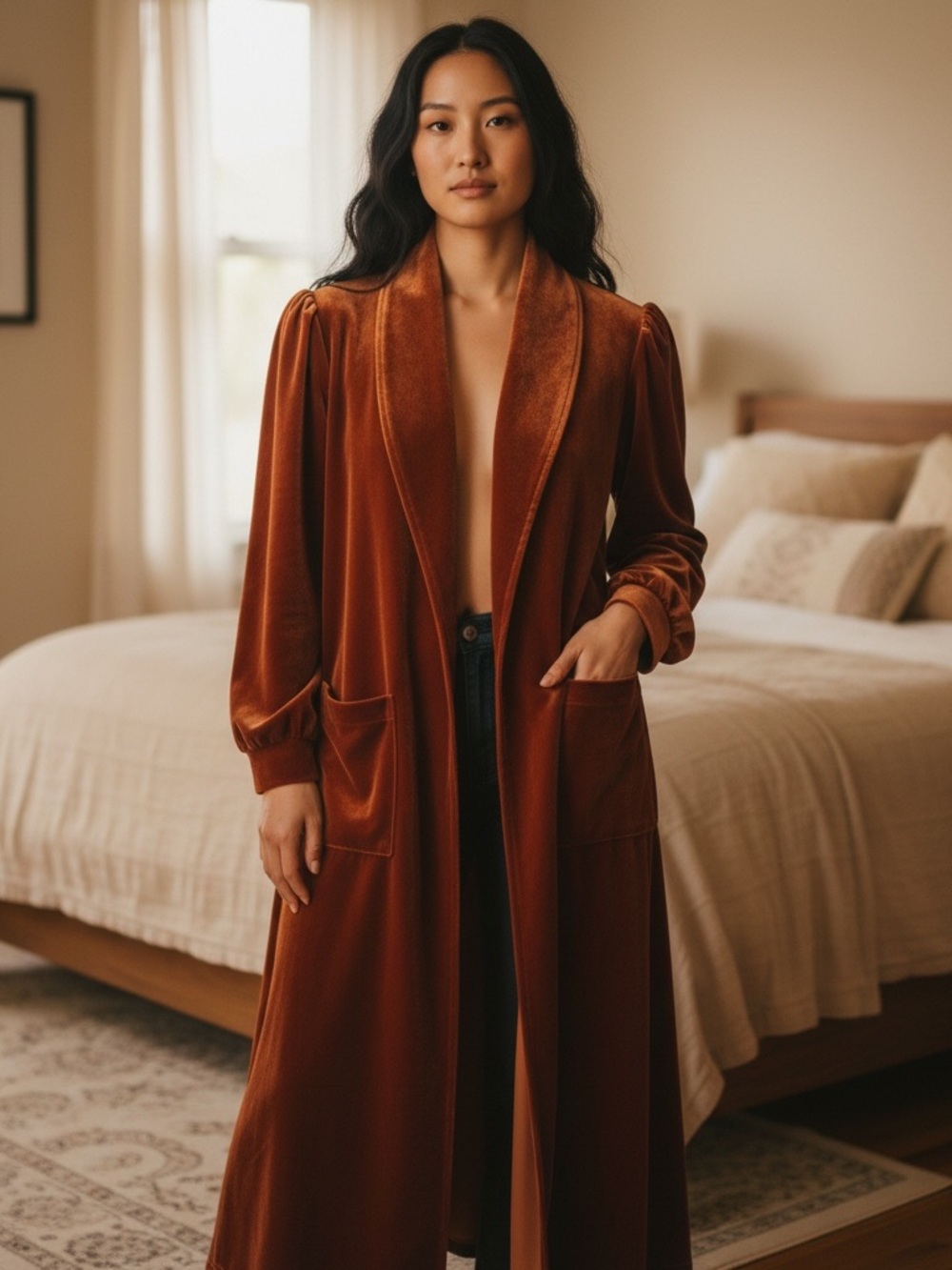 Women’s Long Velvet Velour Open stretch Cardigan Jacket in Rust
